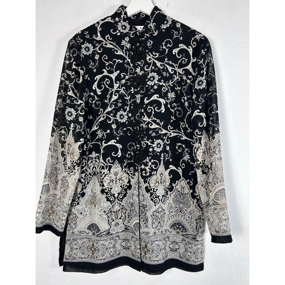 Liz Claiborne Black White Paisley Chinese Button Mandarin Collar Jacket Size 12
